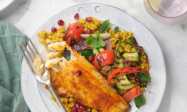 Moroccan Spiced Sea Bass with Grilled Vegetable Couscous & Pomegranate